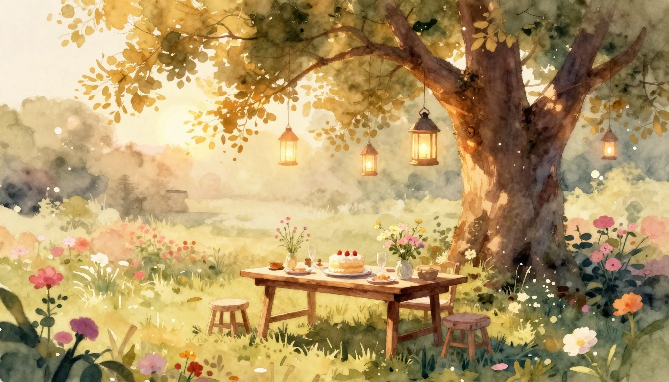 A warm and cozy scene of a small, charming outdoor celebrati...