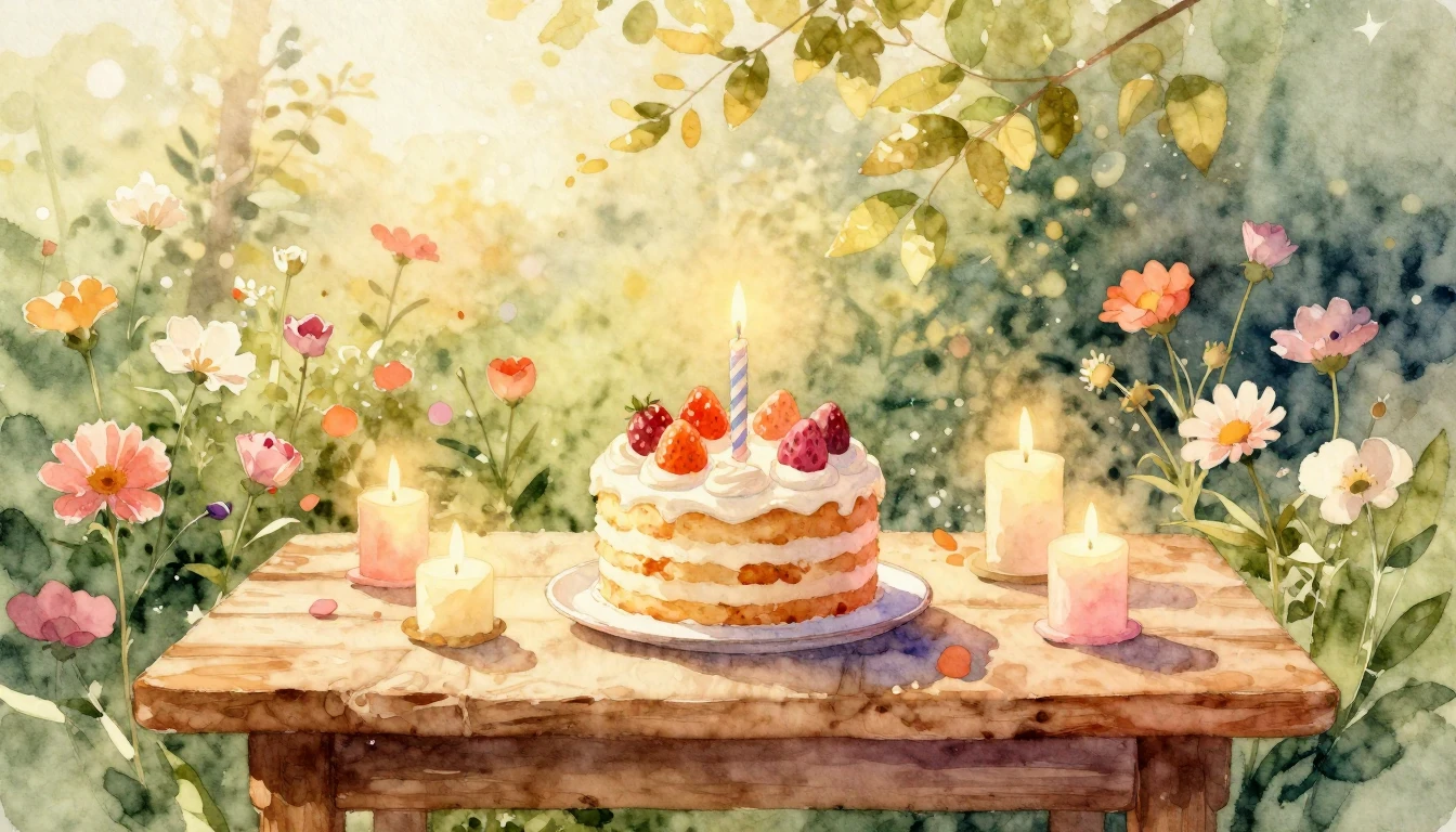 A dreamy watercolor painting of a warm and cozy birthday sce...