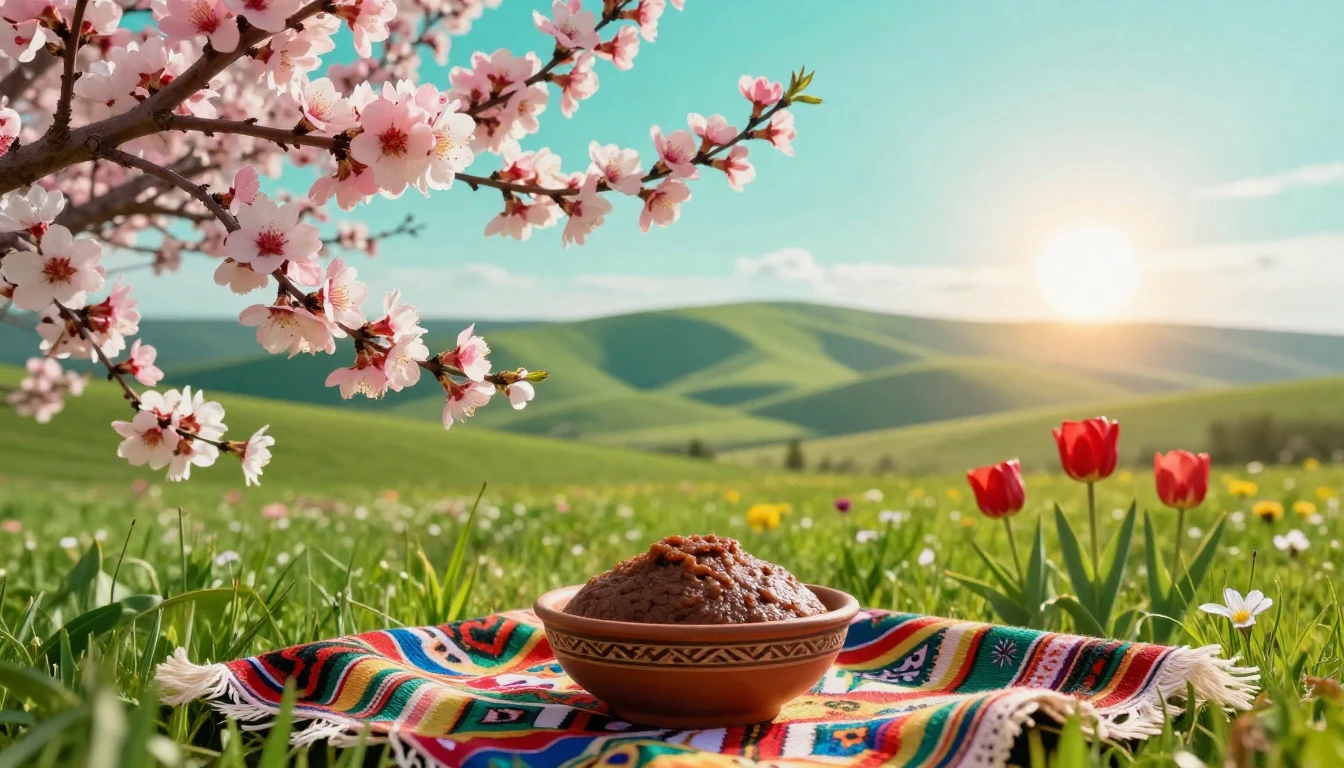 A breathtaking spring landscape celebrating Navruz. In the f...