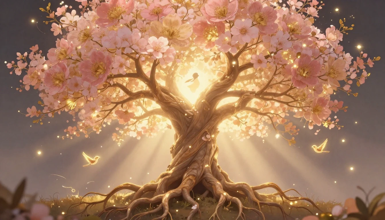 A serene and beautiful illustration of a glowing, magical tr...