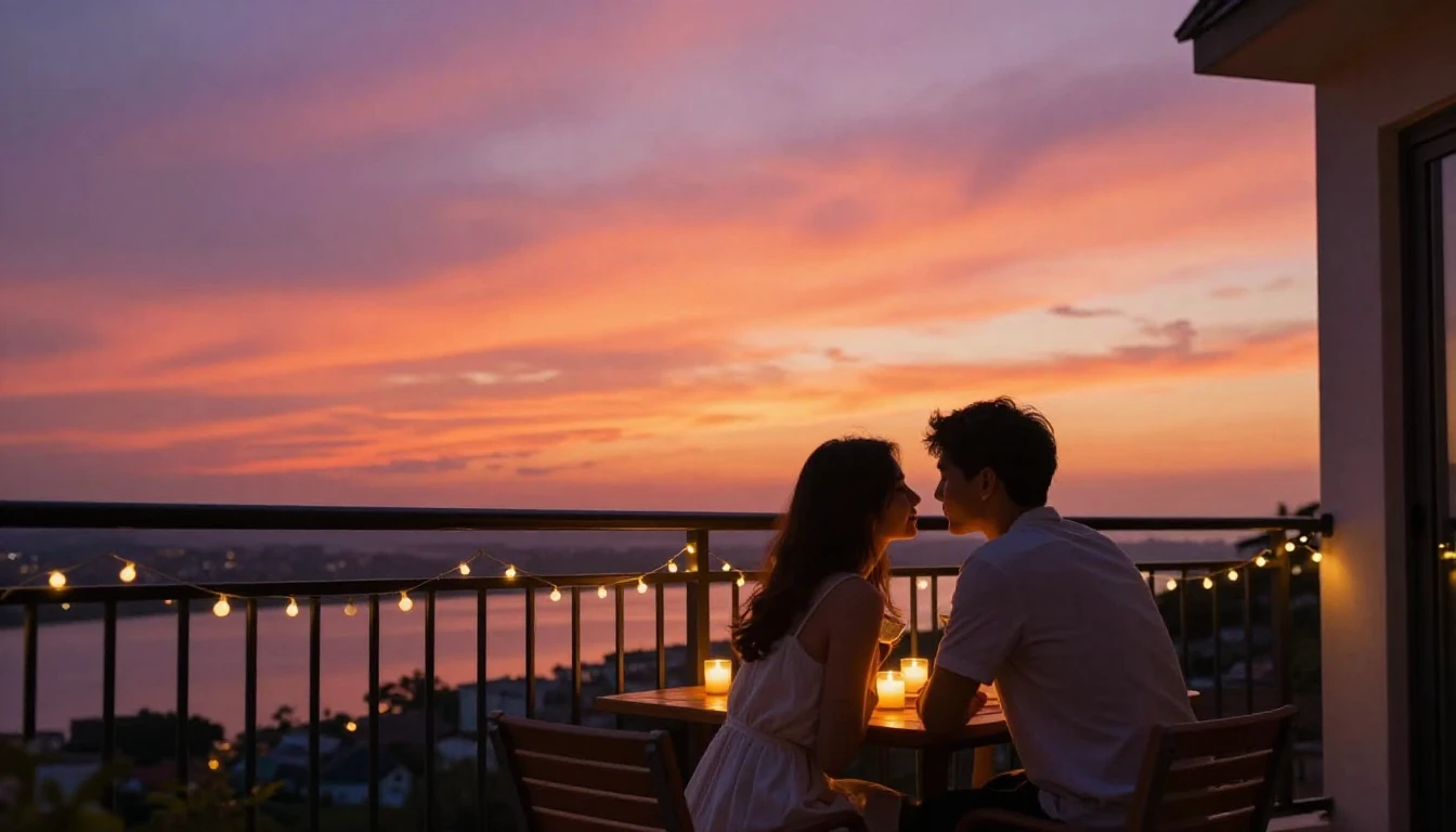 A romantic and dreamy scene of a couple standing on a balcon...