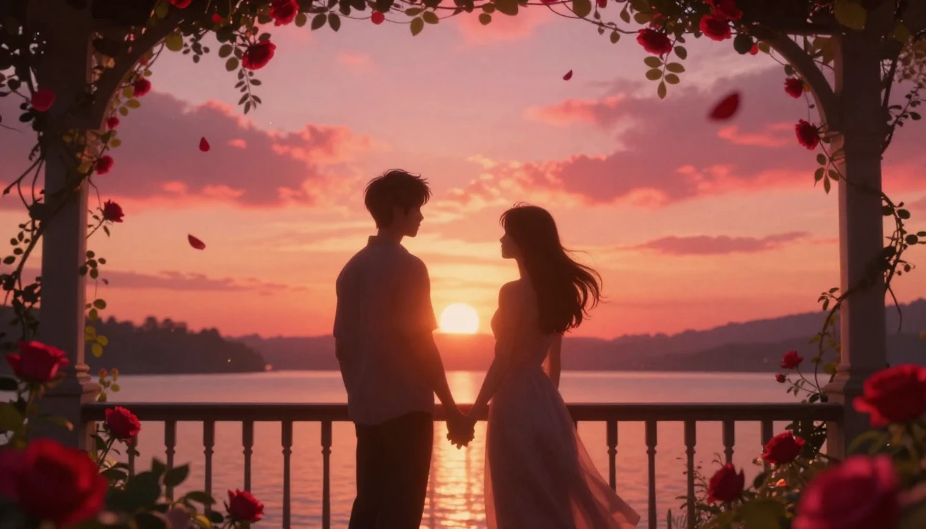 A romantic and ethereal scene of two silhouettes standing ha...