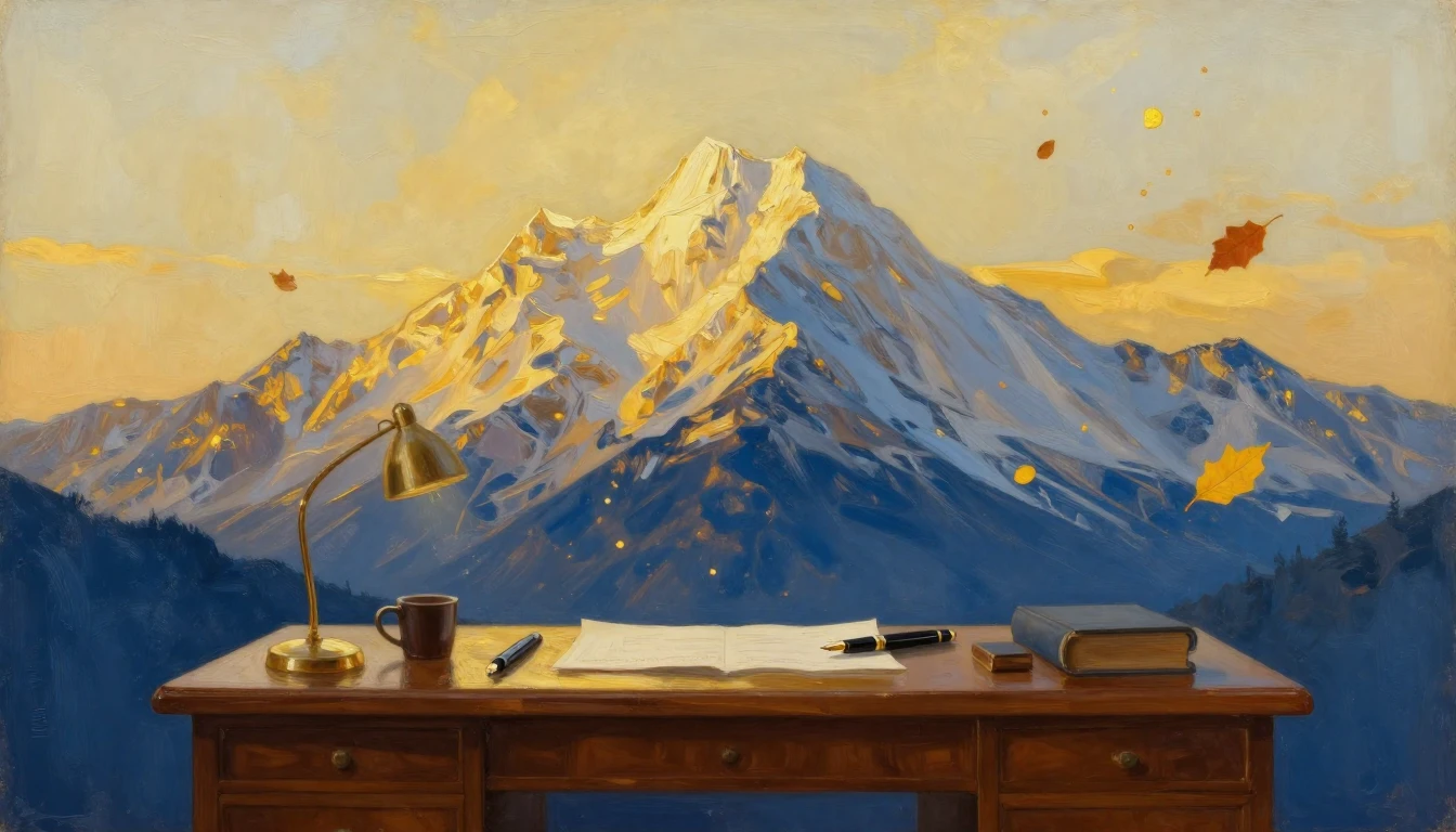An oil painting depicting a majestic mountain peak bathed in...