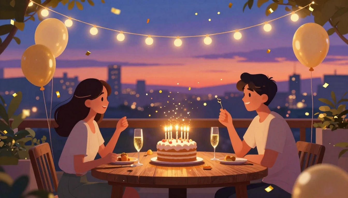 A vibrant digital art illustration of a cozy evening birthda...