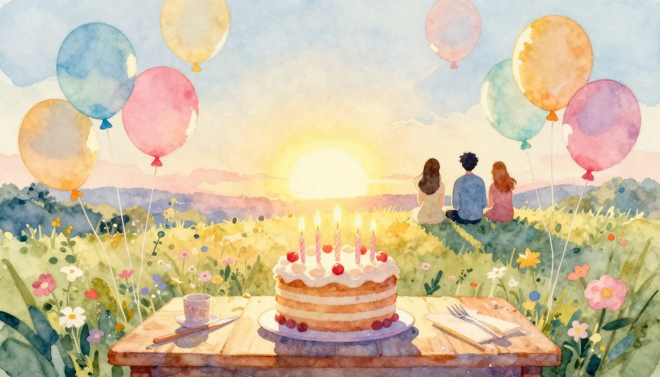 A soft and vibrant watercolor painting depicting a festive a...