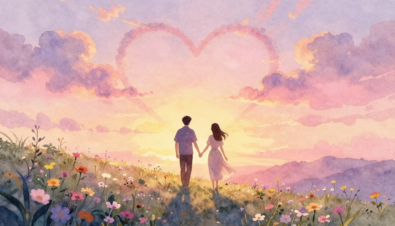 A romantic, soft watercolor painting depicting a couple as s...