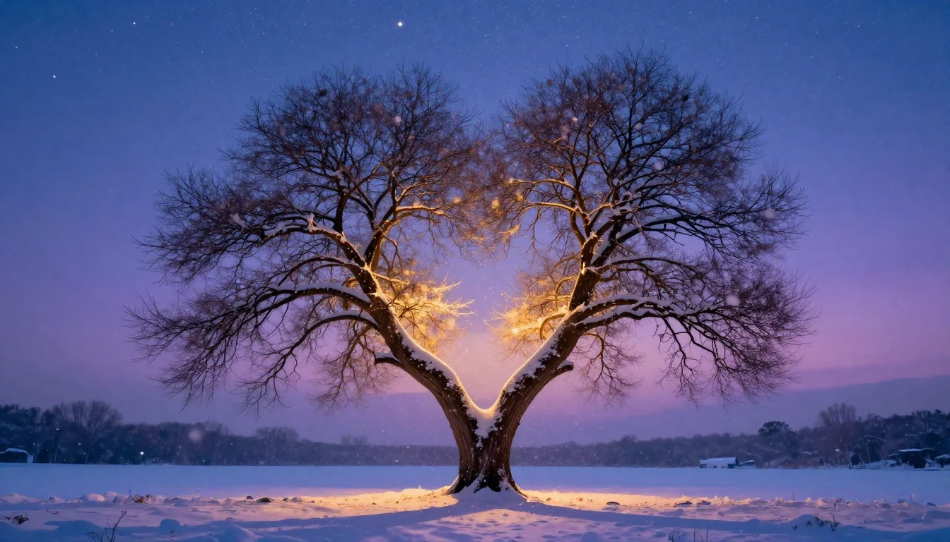 A soft and romantic winter scene depicting two intertwined t...