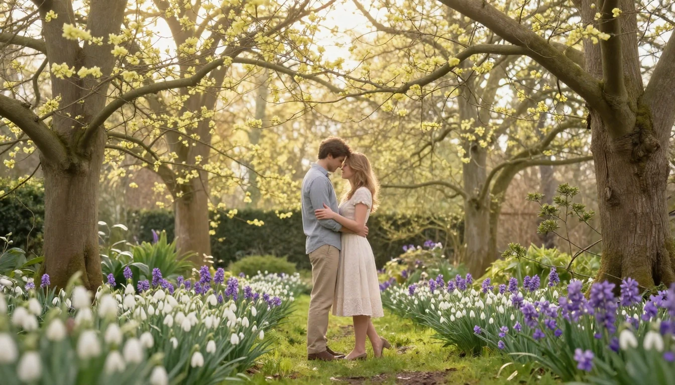 A romantic couple standing in a lush, enchanted garden at th...