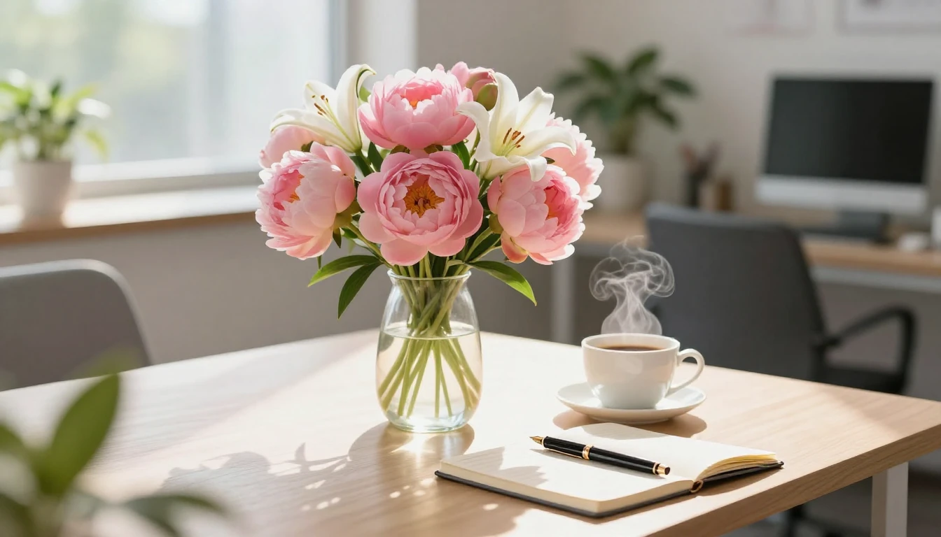 A beautiful, sun-drenched office desk scene. In the center, ...