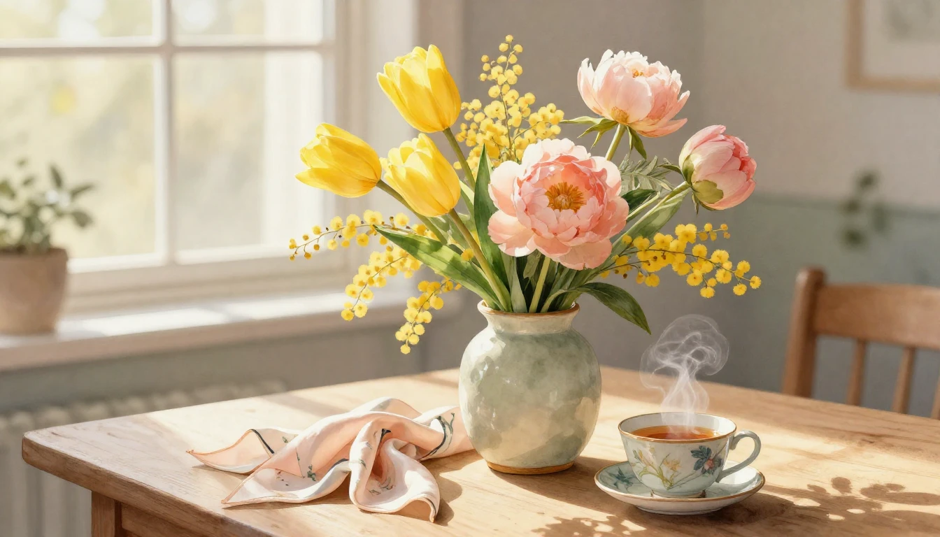 A beautiful watercolor painting of a vibrant bouquet of spri...