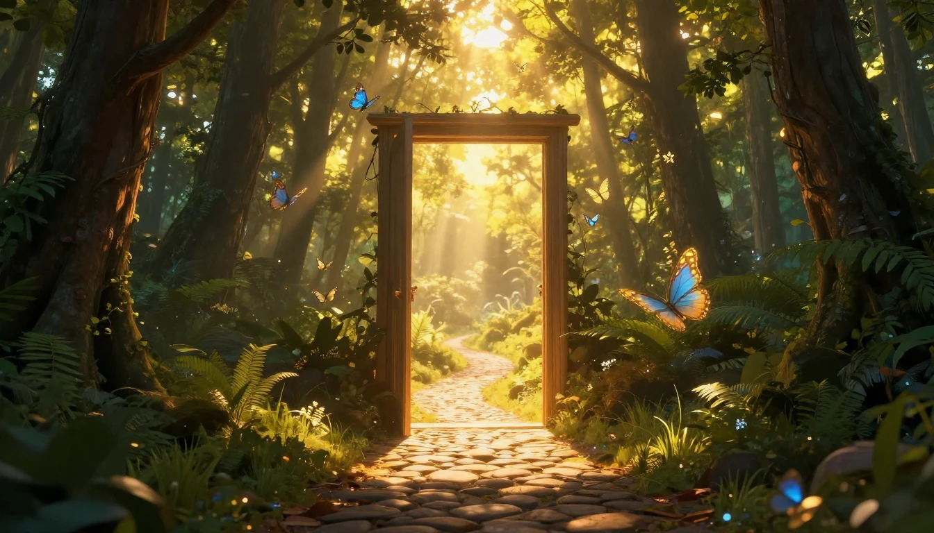 A glowing open doorway standing in the middle of a lush, mys...