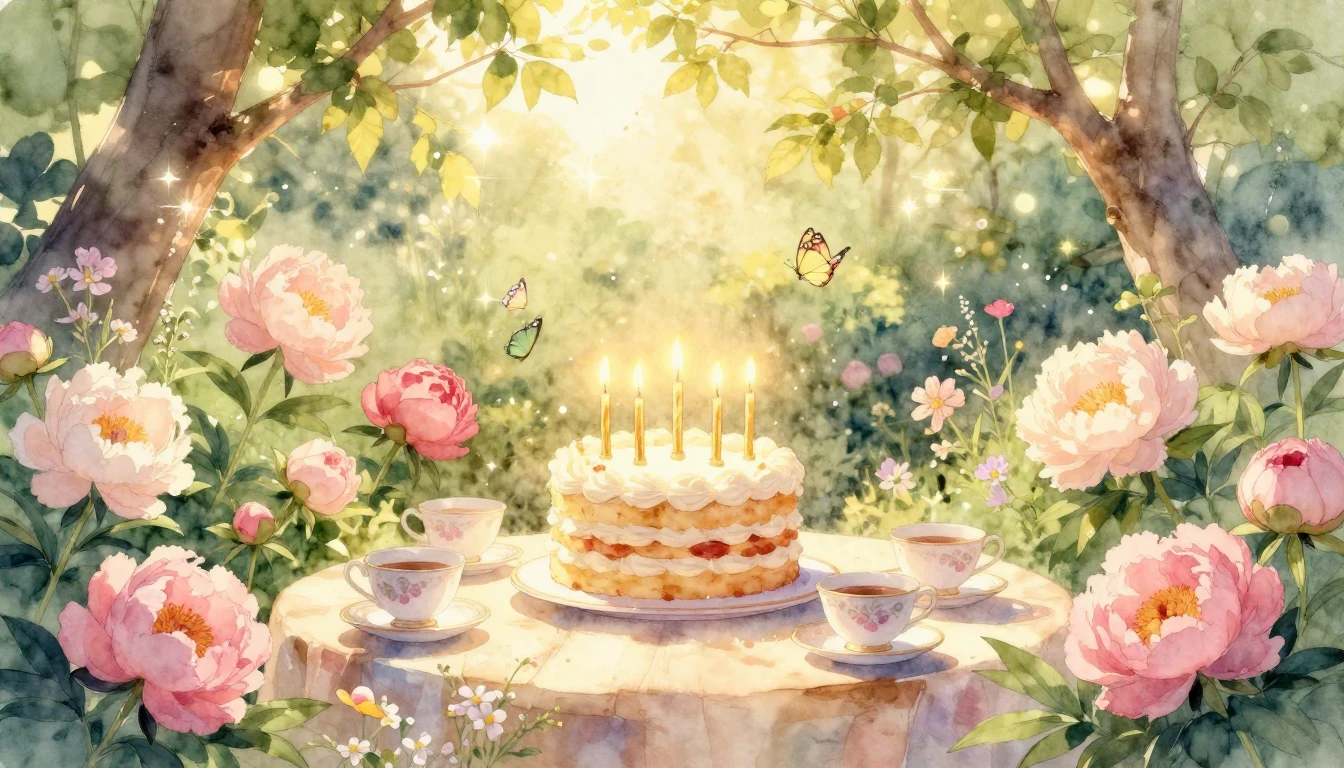 A beautiful, warm watercolor painting of a sunlit garden fil...