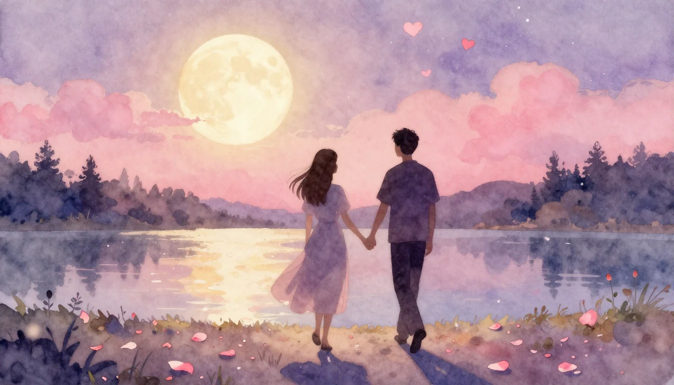 A whimsical and romantic watercolor painting depicting two s...