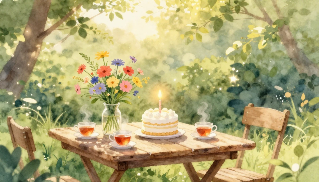 A dreamy watercolor illustration of a sun-drenched outdoor g...