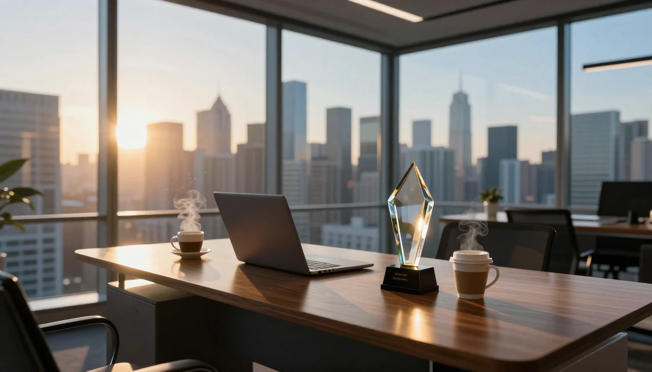 A wide-angle cinematic shot of a modern, sun-drenched office...