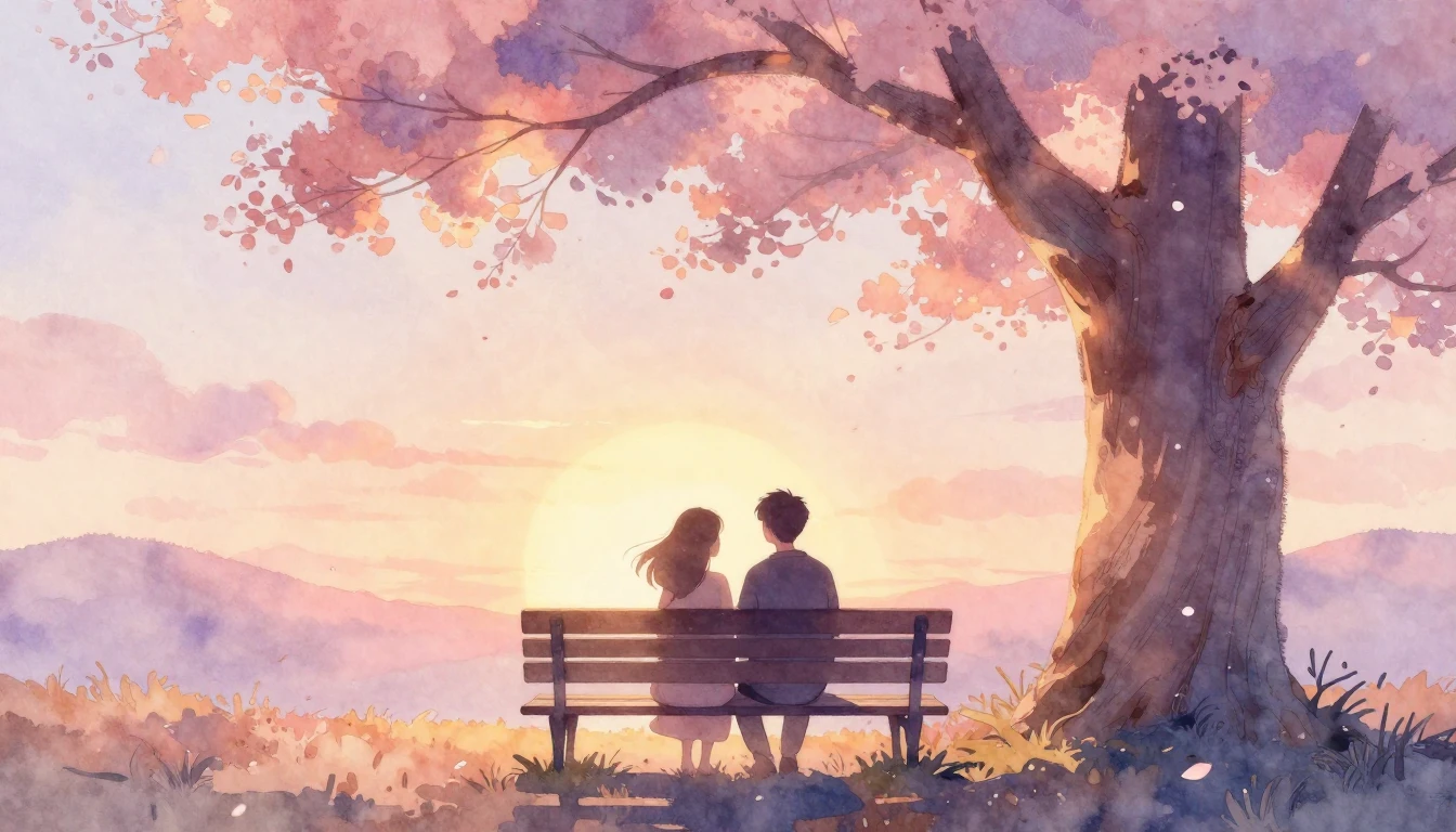 A dreamy and soft watercolor illustration depicting two silh...