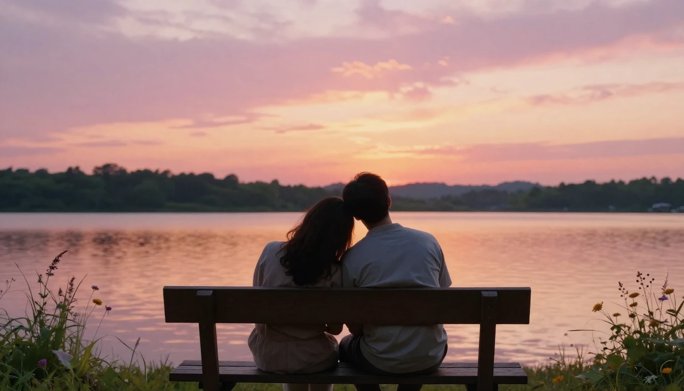 A romantic and cozy scene of two lovers sitting closely toge...