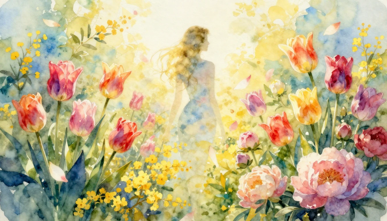 A vibrant watercolor painting of a lush spring garden filled...