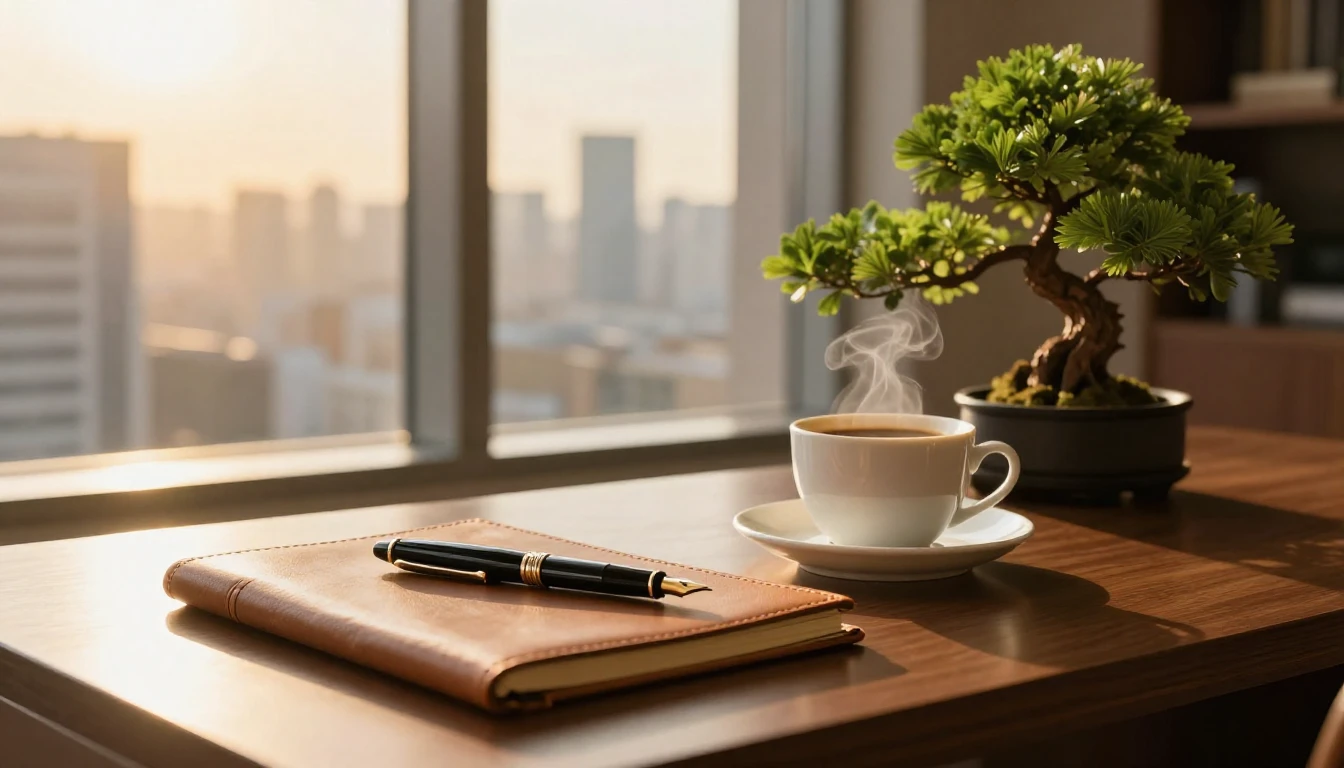 A sophisticated and cozy executive office desk at golden hou...
