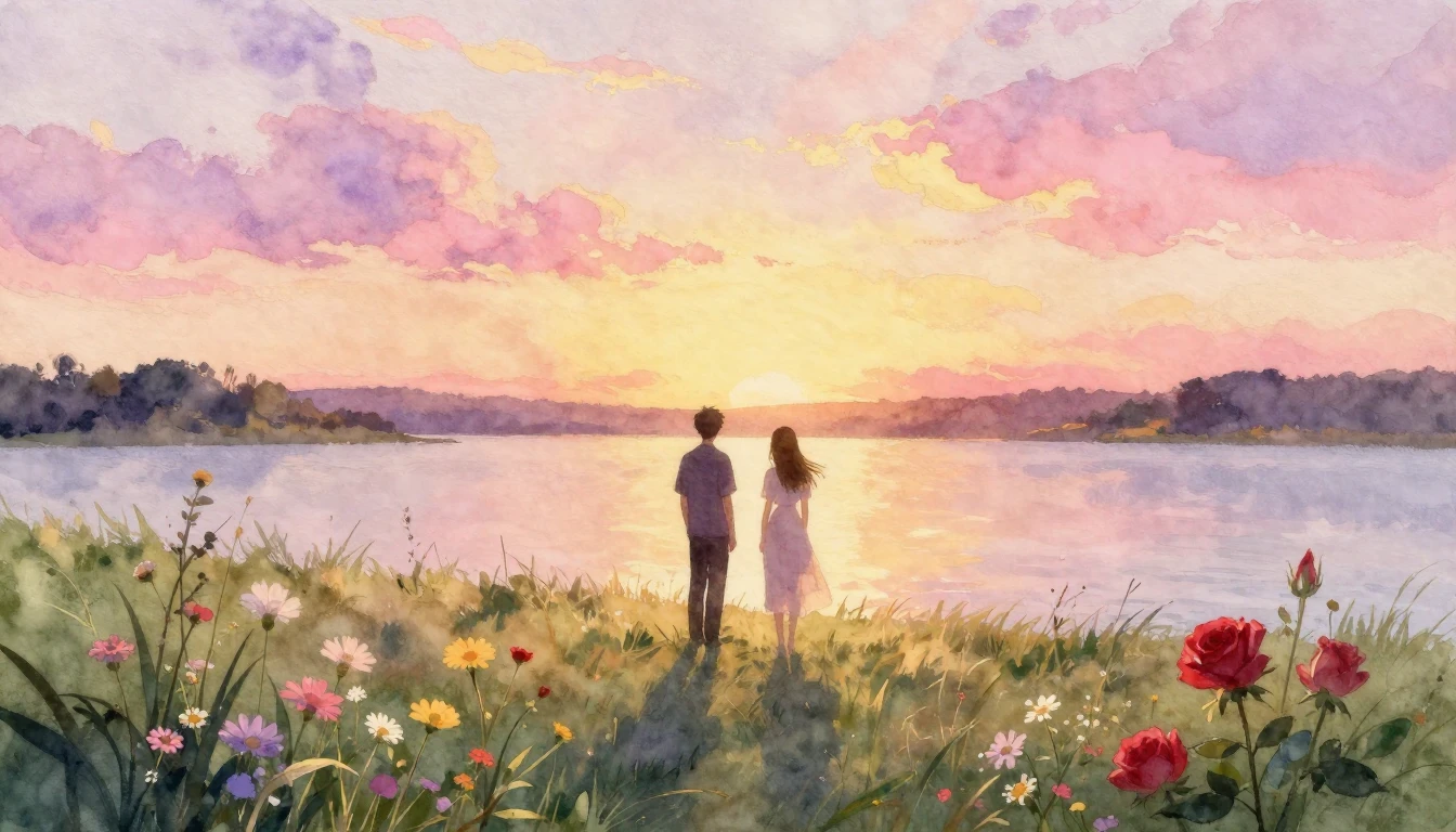A romantic watercolor painting featuring two silhouette figu...