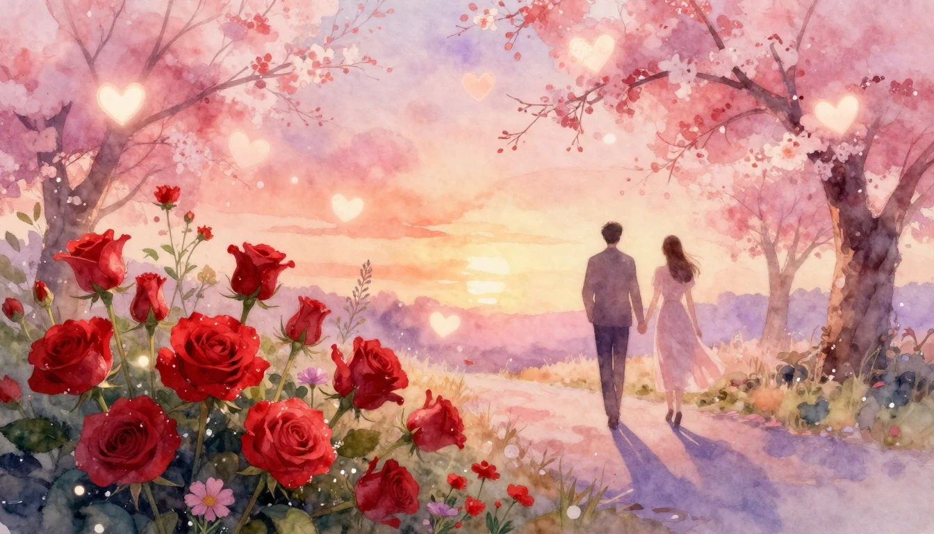 A soft and dreamy watercolor painting depicting a romantic V...
