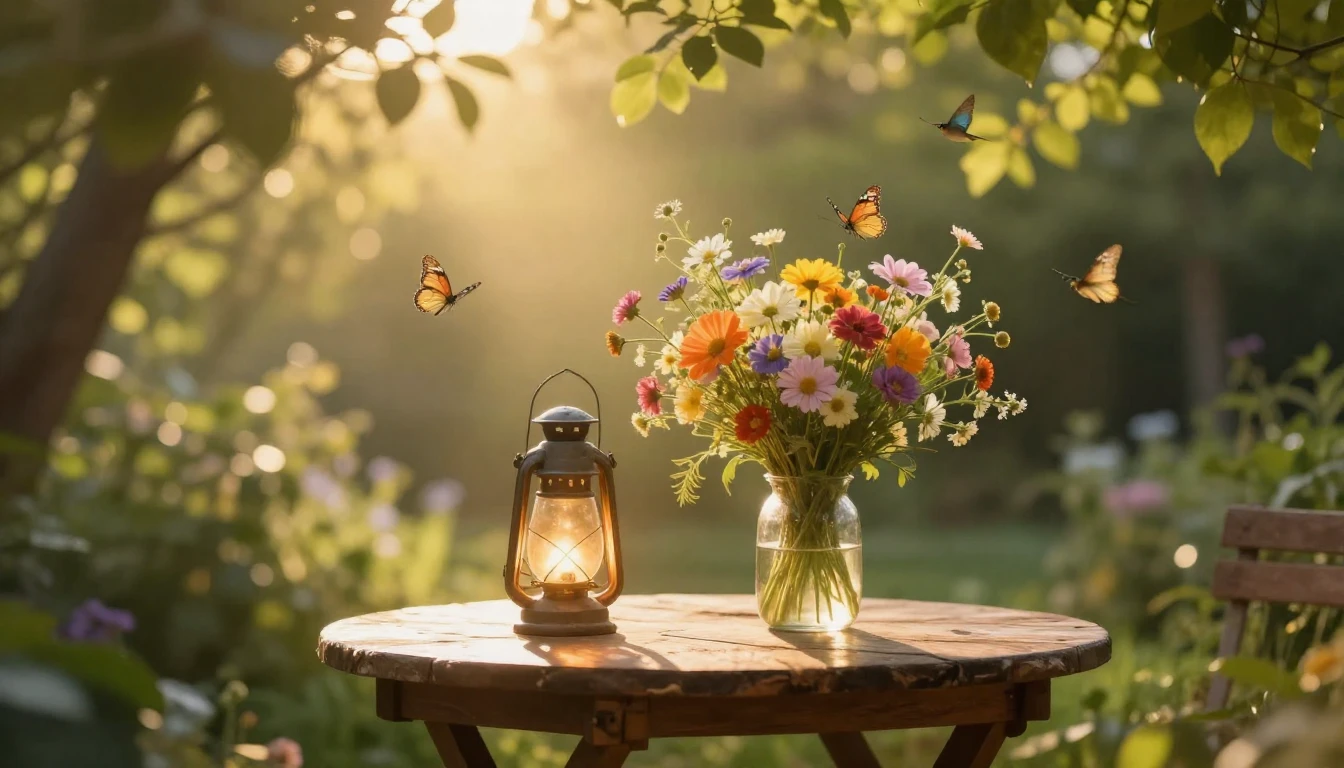 A serene and heartwarming scene of a cozy sunlit garden duri...