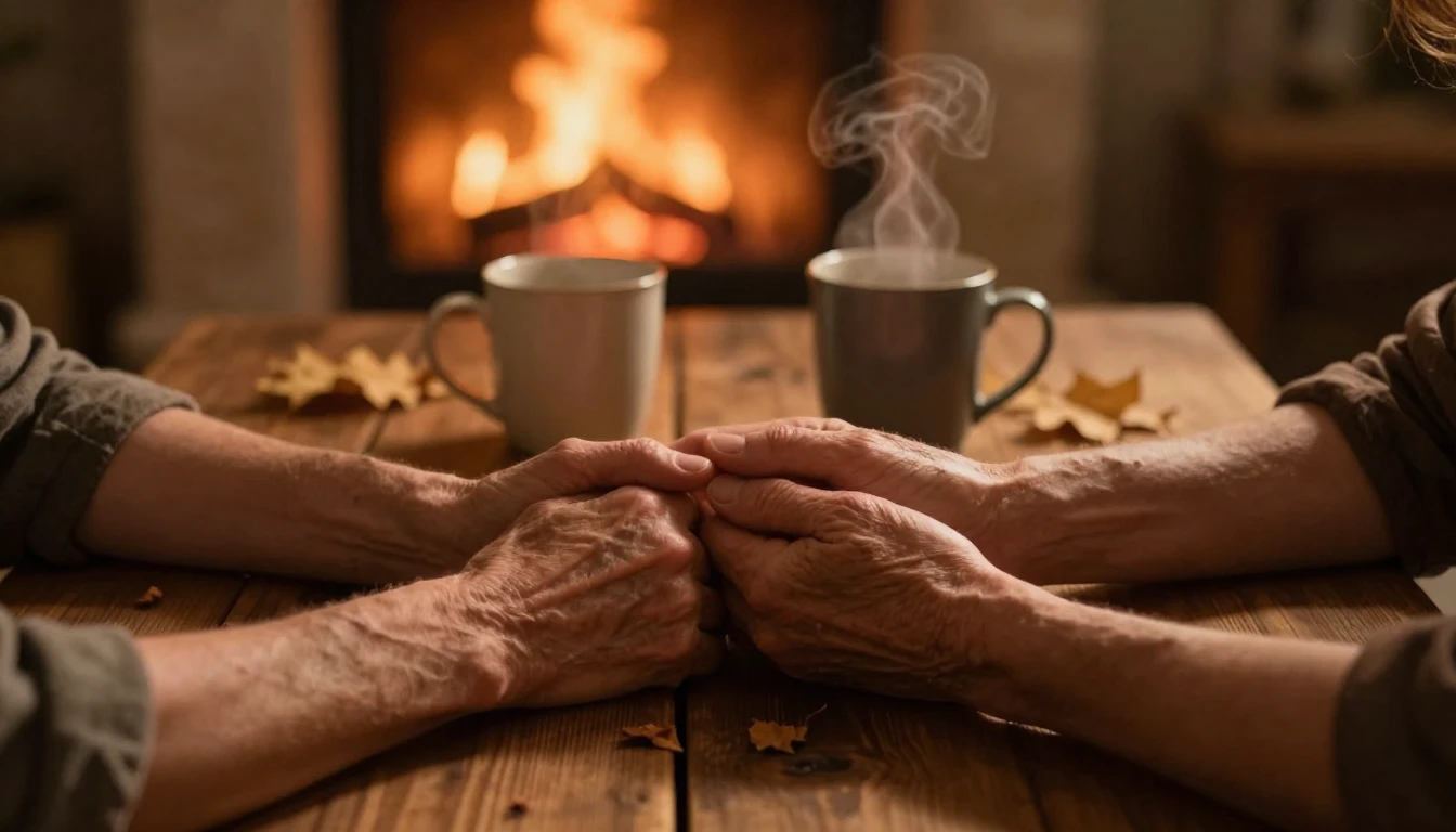 A warm, intimate scene showing two pairs of hands, slightly ...