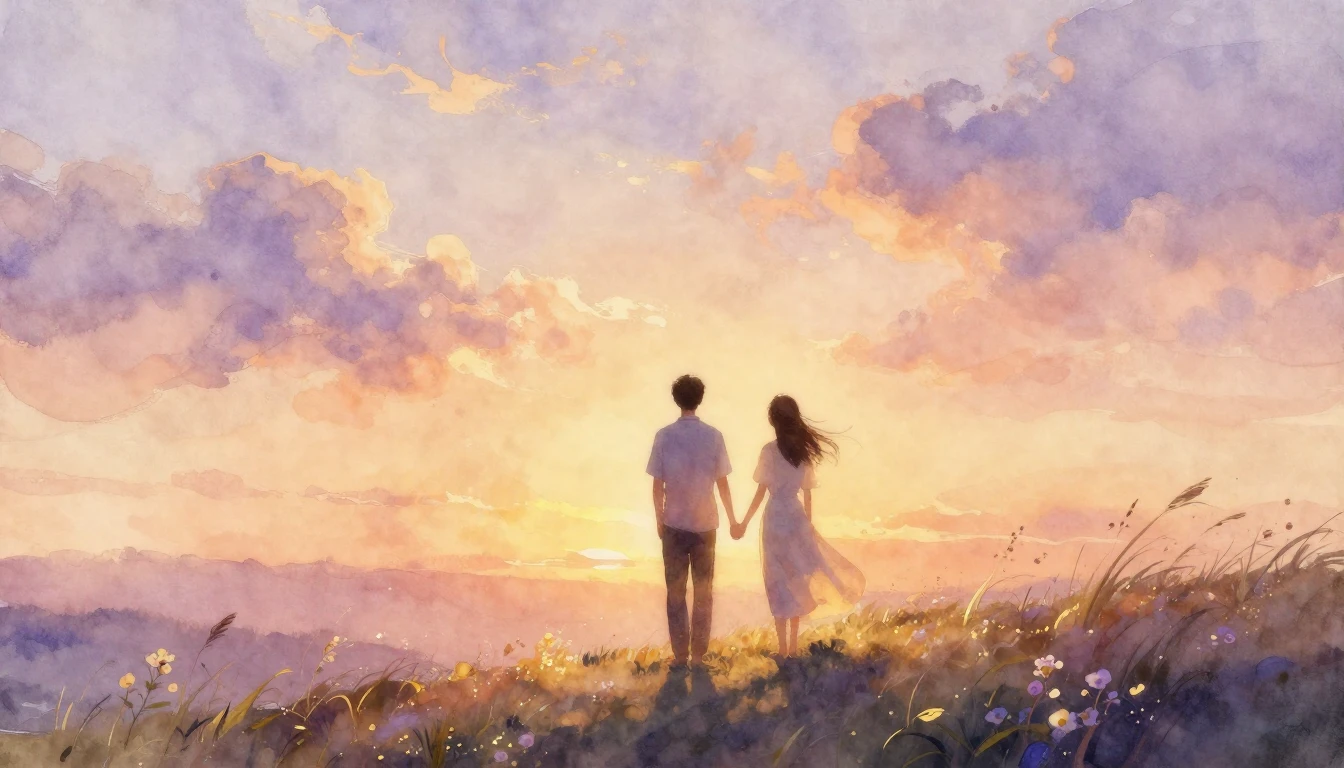 A breathtaking watercolor painting depicting a couple standi...