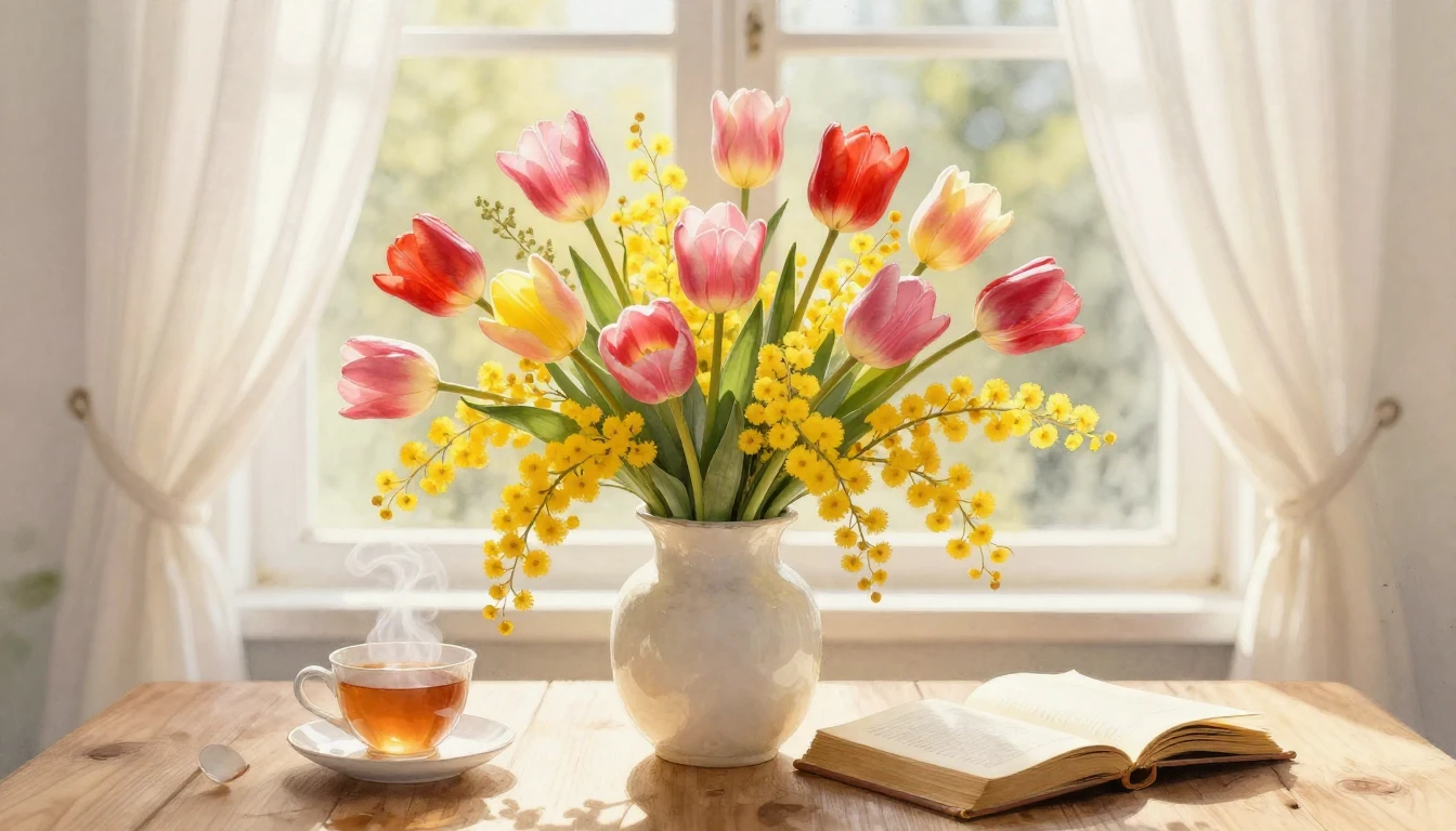 A soft and gentle watercolor painting depicting a lush bouqu...