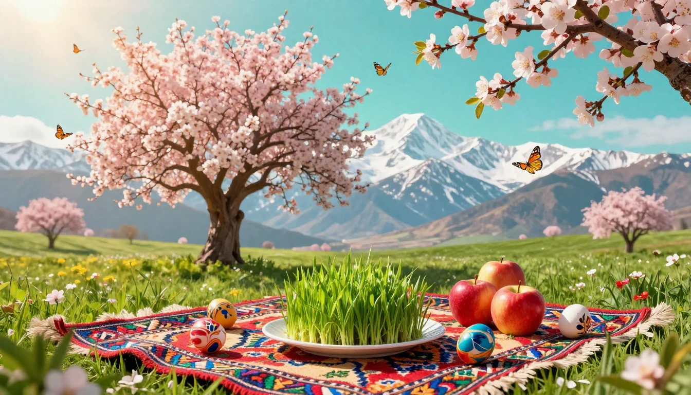 A vibrant and lush spring landscape celebrating Navruz. In t...