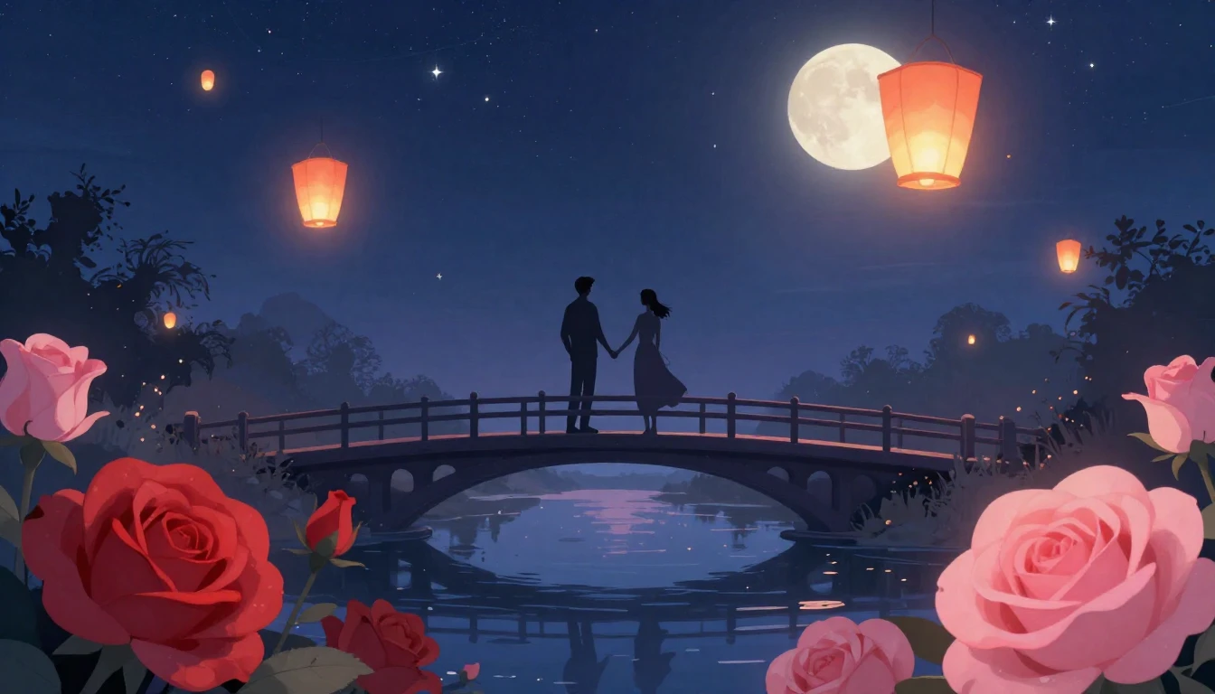A romantic and whimsical illustration featuring two silhouet...