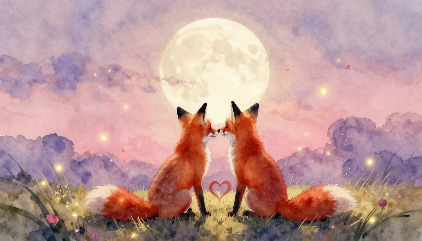 A romantic and dreamy watercolor painting featuring two red ...