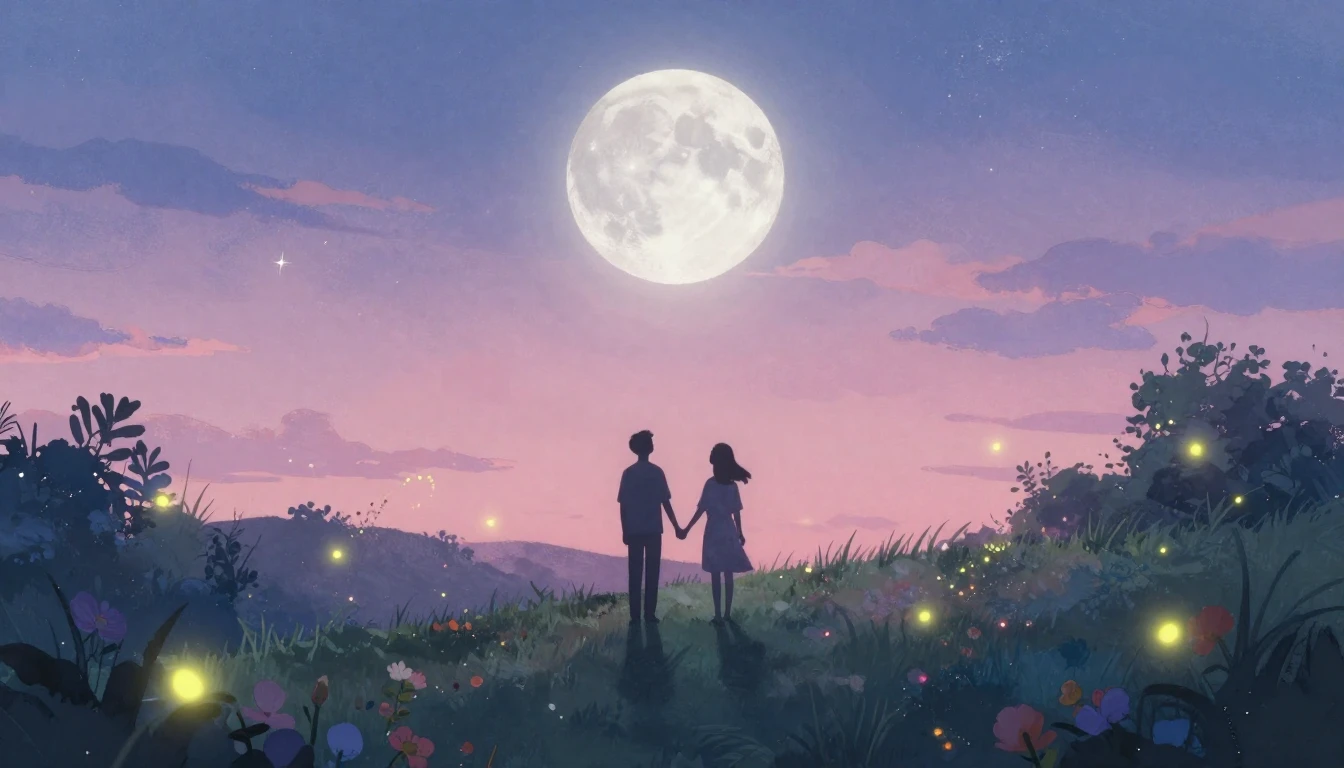 A romantic and dreamy scene featuring two silhouette figures...