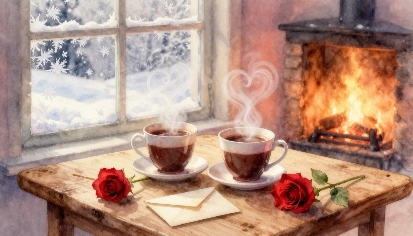 A soft, romantic watercolor painting depicting a cozy indoor...