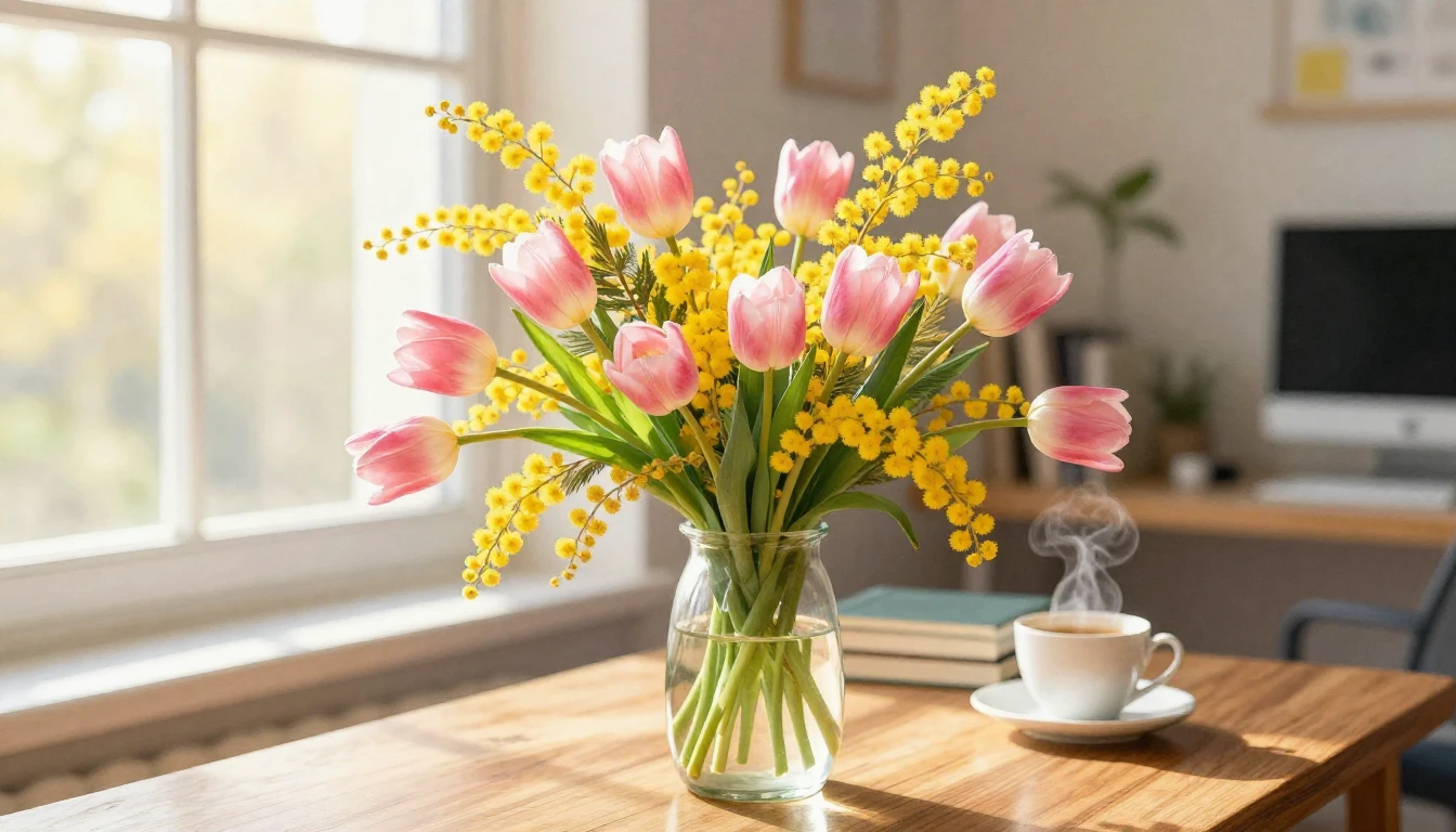 A lush and delicate bouquet of fresh spring flowers, featuri...