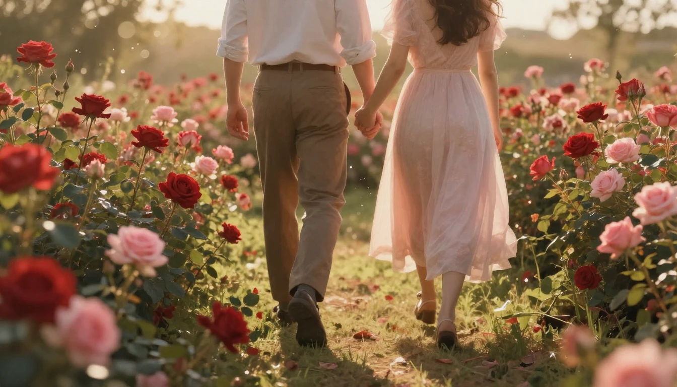 A dreamy and romantic scene of two people holding hands, wal...