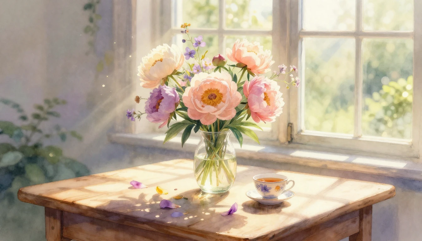 A beautiful watercolor painting of a sun-drenched wooden tab...