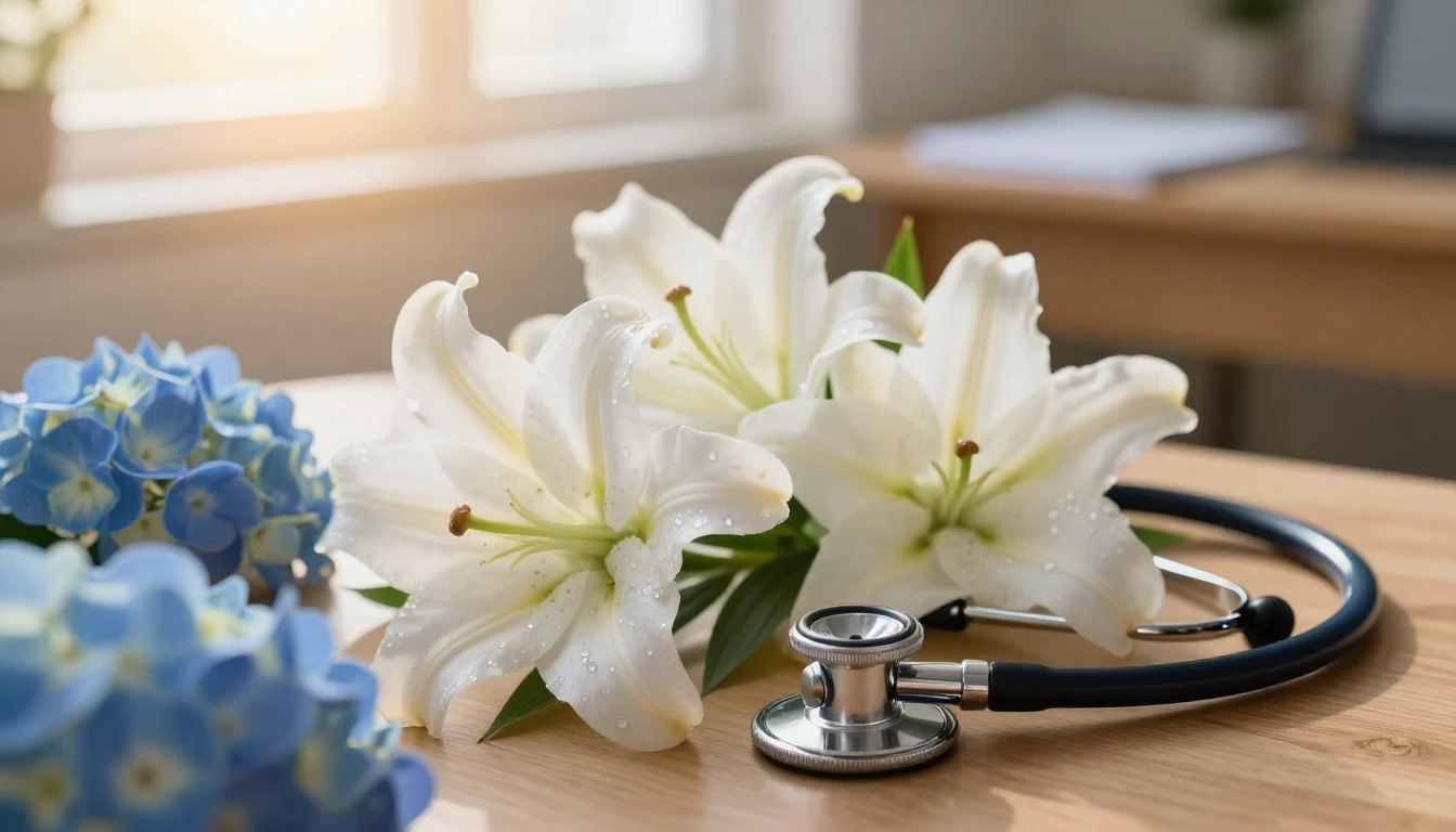 A professional stethoscope gently resting among a lush bouqu...