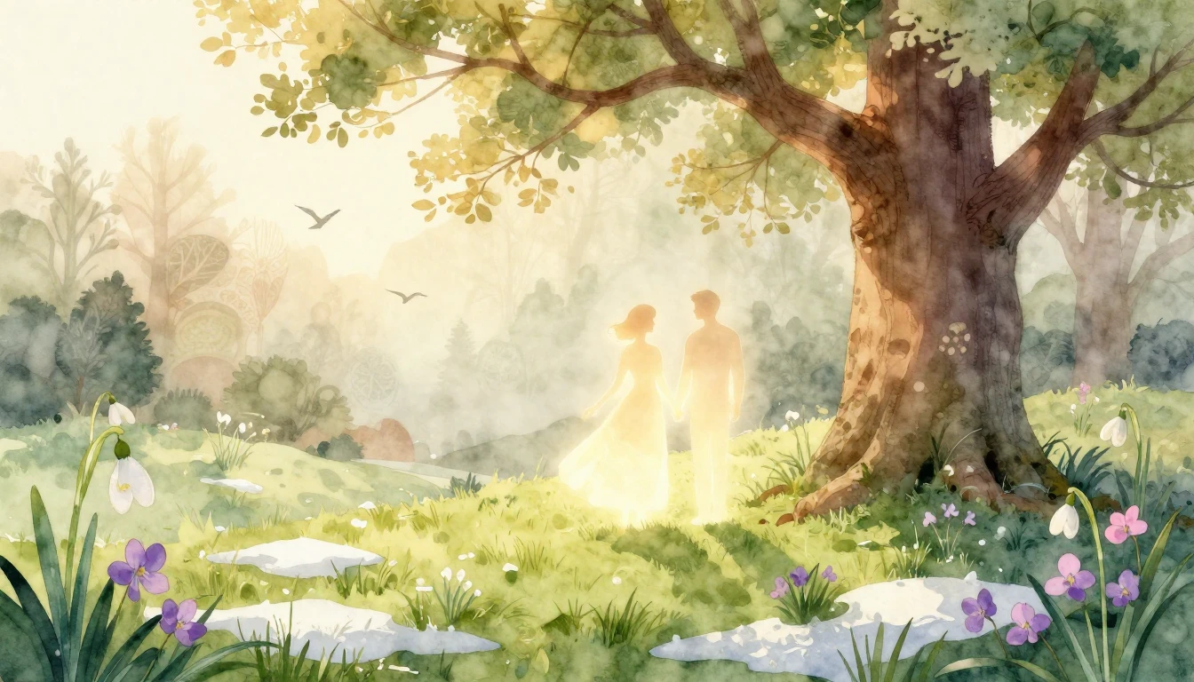 A dreamy and romantic watercolor illustration depicting the ...