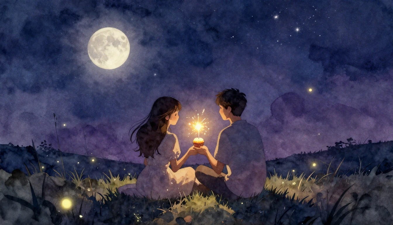 A romantic watercolor painting depicting a couple sitting cl...