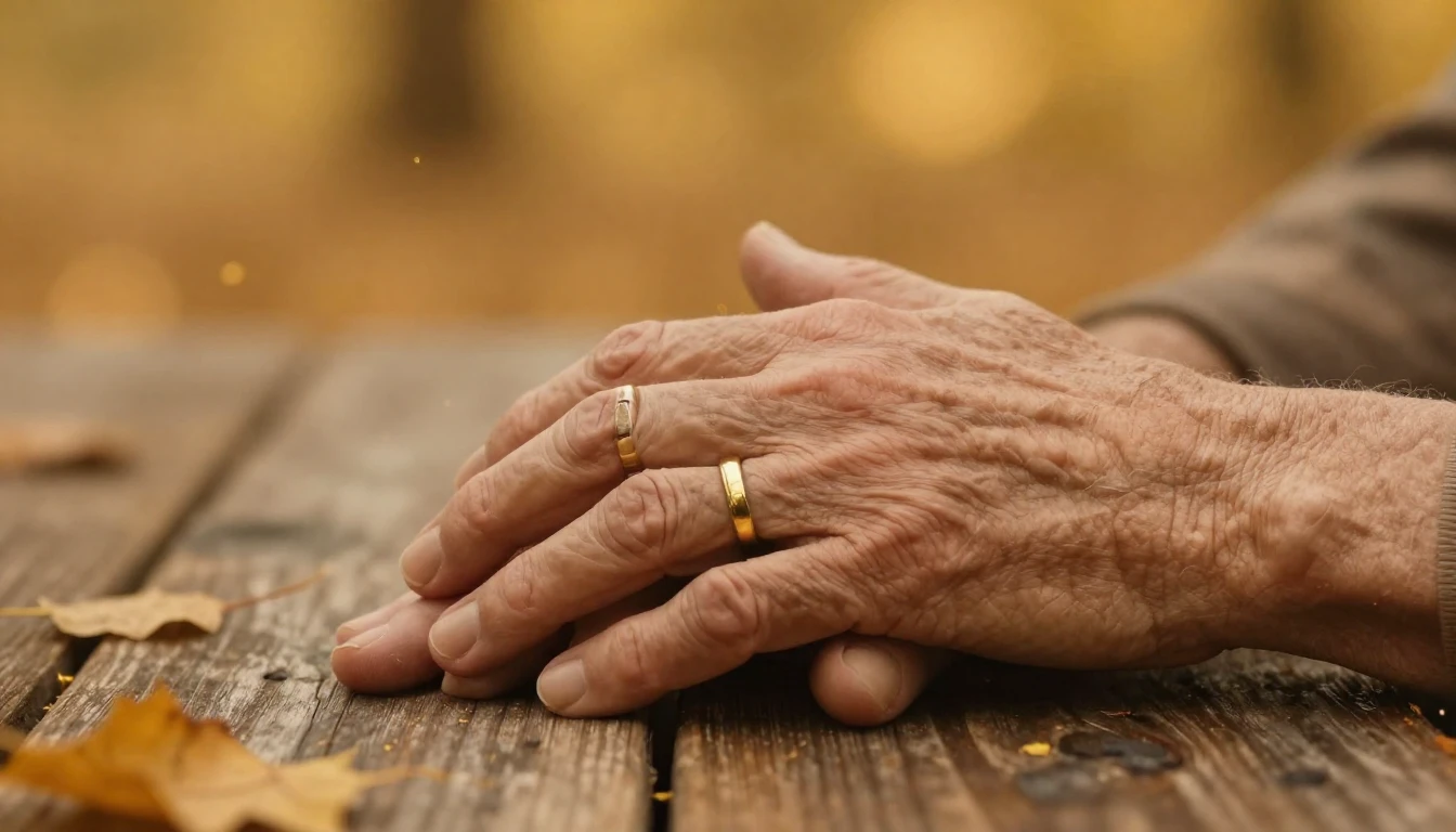 Close-up of two elderly hands holding each other gently, res...