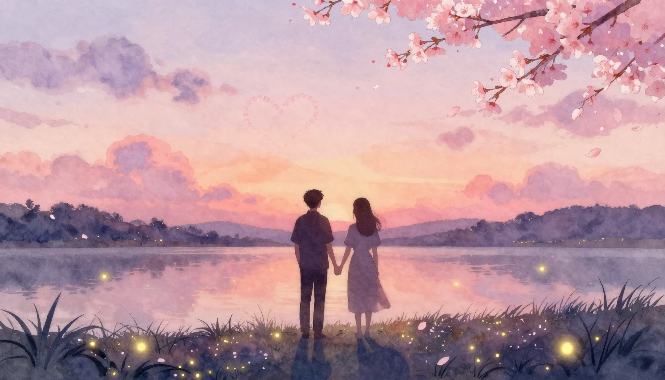 A romantic and dreamy watercolor painting depicting two silh...