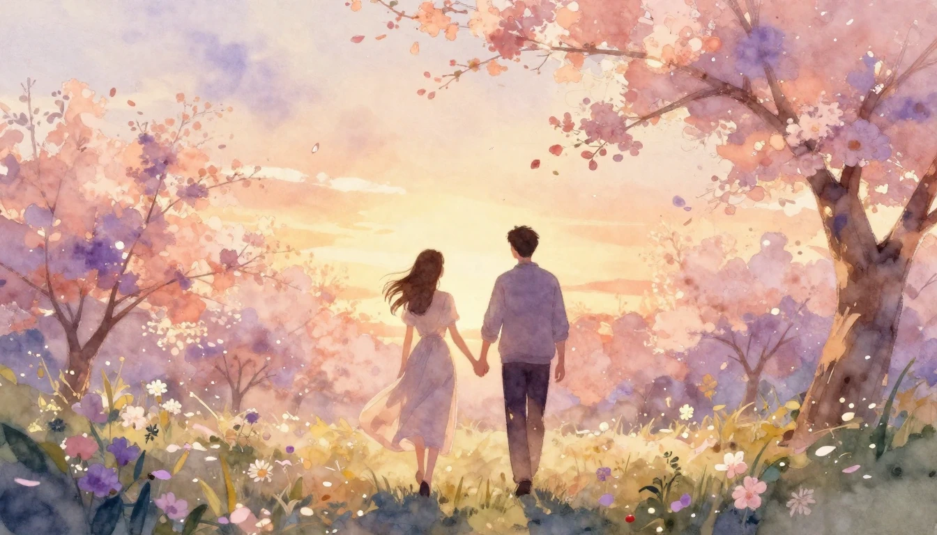 A soft and romantic watercolor painting of two silhouettes w...