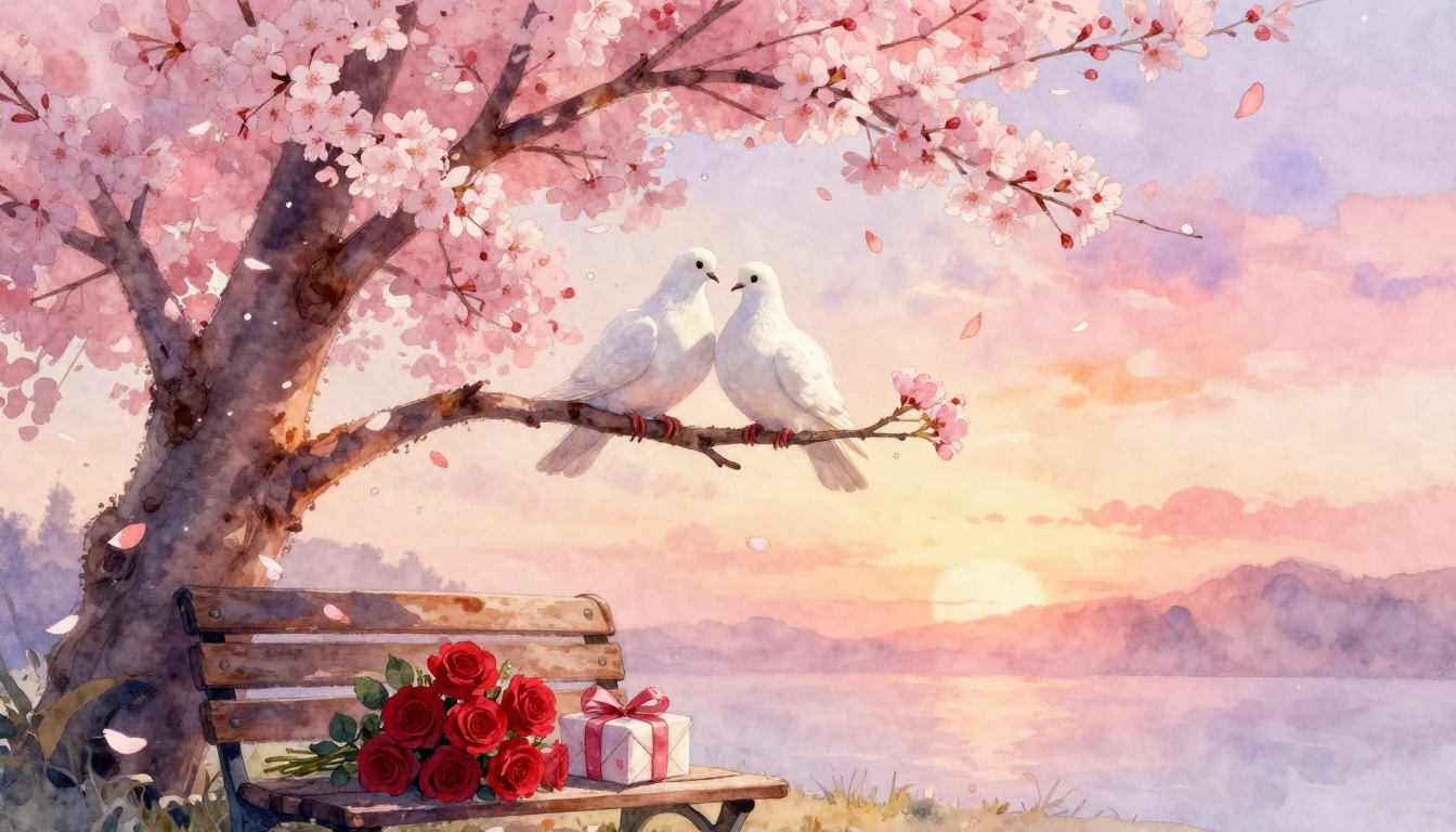 A soft and dreamy watercolor painting depicting a romantic s...