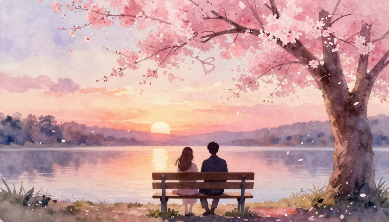 A dreamy and soft watercolor painting depicting a romantic s...