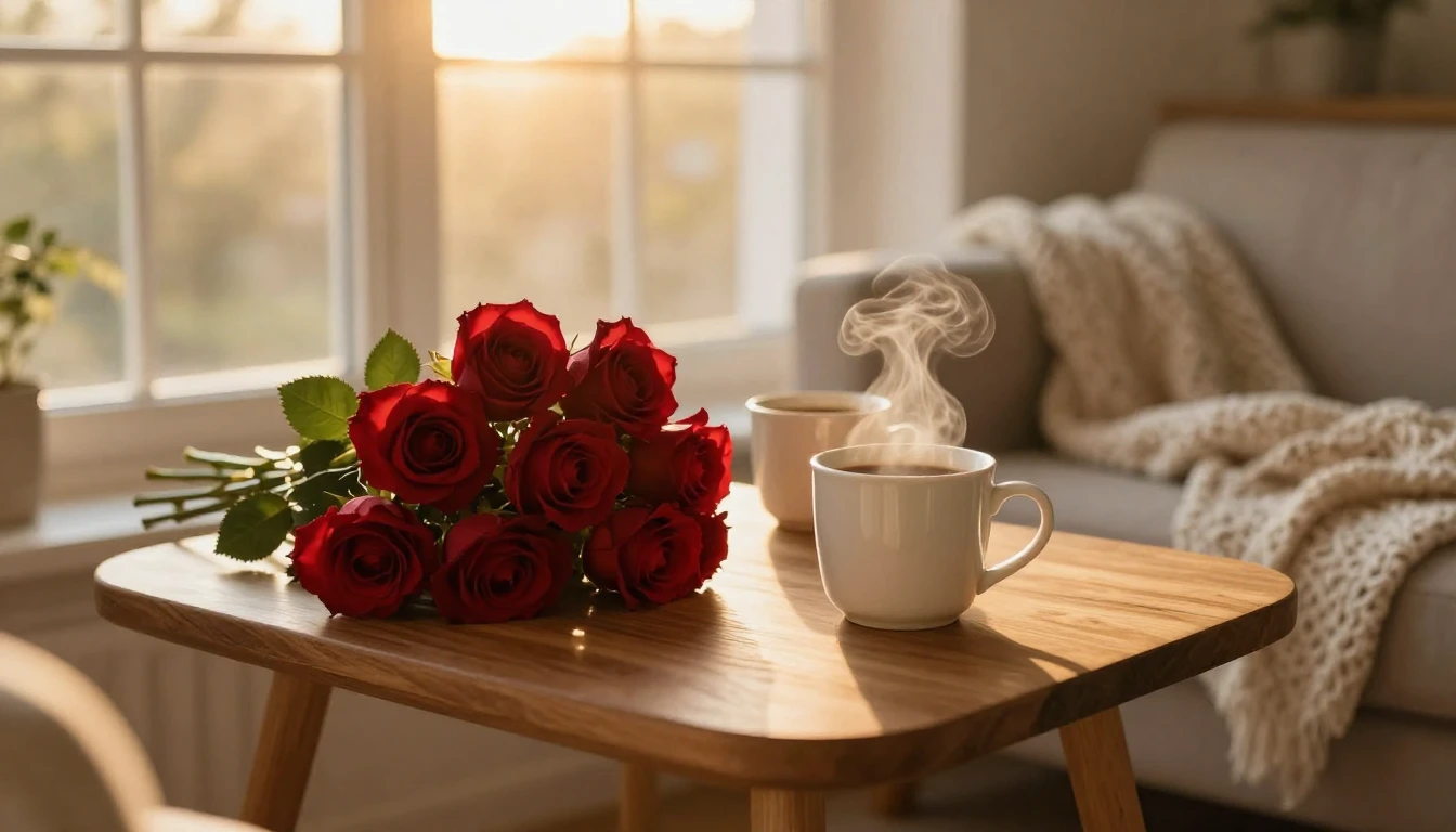 A cozy and romantic indoor scene during the golden hour. A s...