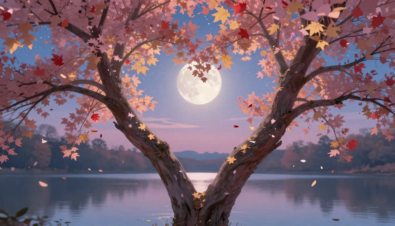 A soft and romantic scene depicting two intertwined trees fo...