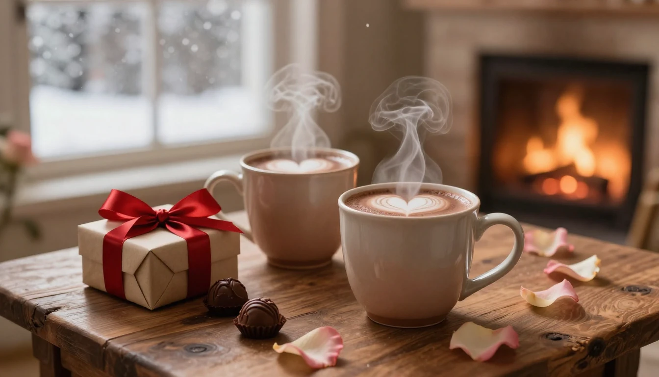 A cozy and romantic indoor scene featuring two ceramic mugs ...