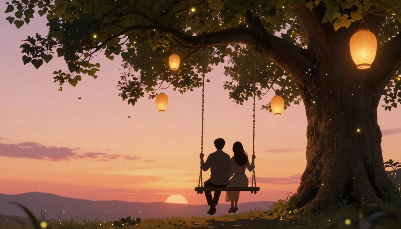 A romantic and dreamy scene featuring the silhouettes of a c...