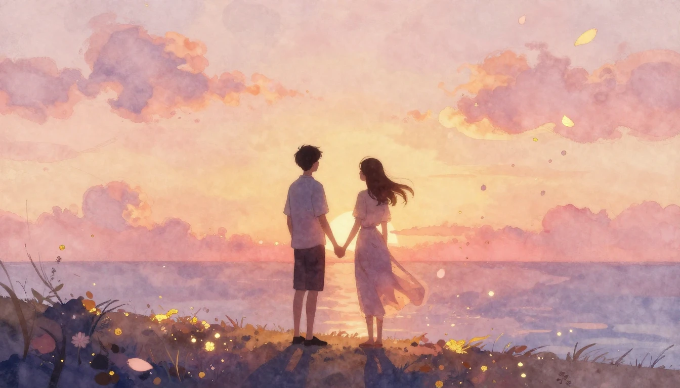 A soft and dreamlike watercolor painting capturing a romanti...